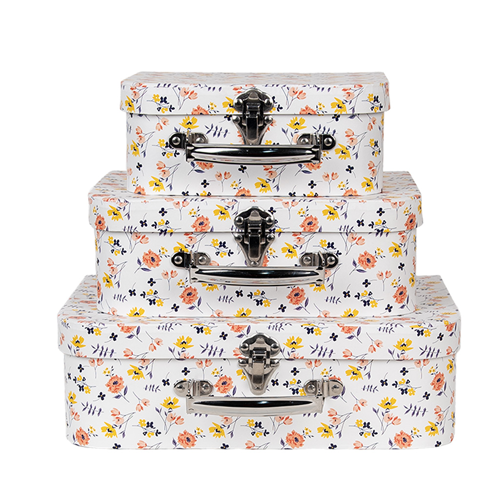 Clayre & Eef Decoratie Koffer Set van 3 30x22x9/25x20x9/20x17x8 cm Wit Karton Bloemen afbeelding