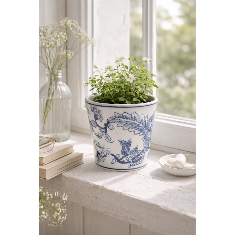 Clayre & Eef Planter Ø 16x13 cm White Blue Ceramic