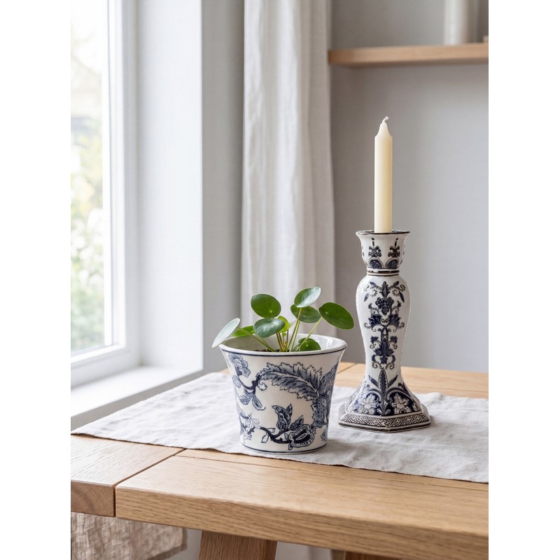Clayre & Eef Planter Ø 16x13 cm White Blue Ceramic