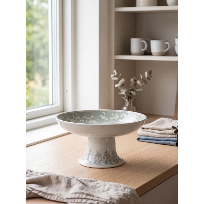 Clayre & Eef Taartplateau op Voet Ø 32x15 cm Wit Groen Porselein