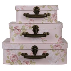 Clayre & Eef Dekoration Koffer 3er Set 30x21x9/25x18x9/20x16x8 cm Rosa Karton Blumen