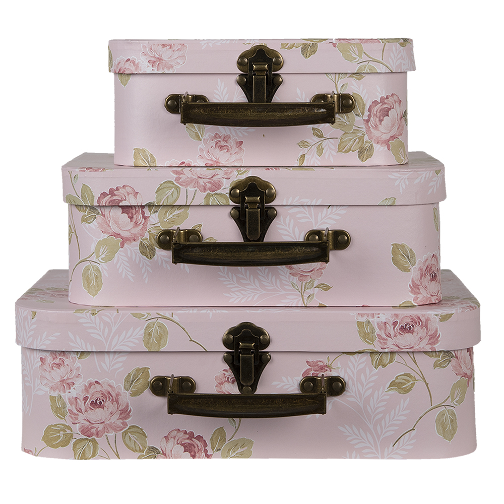 Clayre & Eef Decoratie Koffer Set van 3 30x21x9/25x18x9/20x16x8 cm Roze Karton Bloemen afbeelding