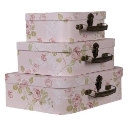 Clayre & Eef Decoratie Koffer Set van 3 30x21x9/25x18x9/20x16x8 cm Roze Karton Bloemen