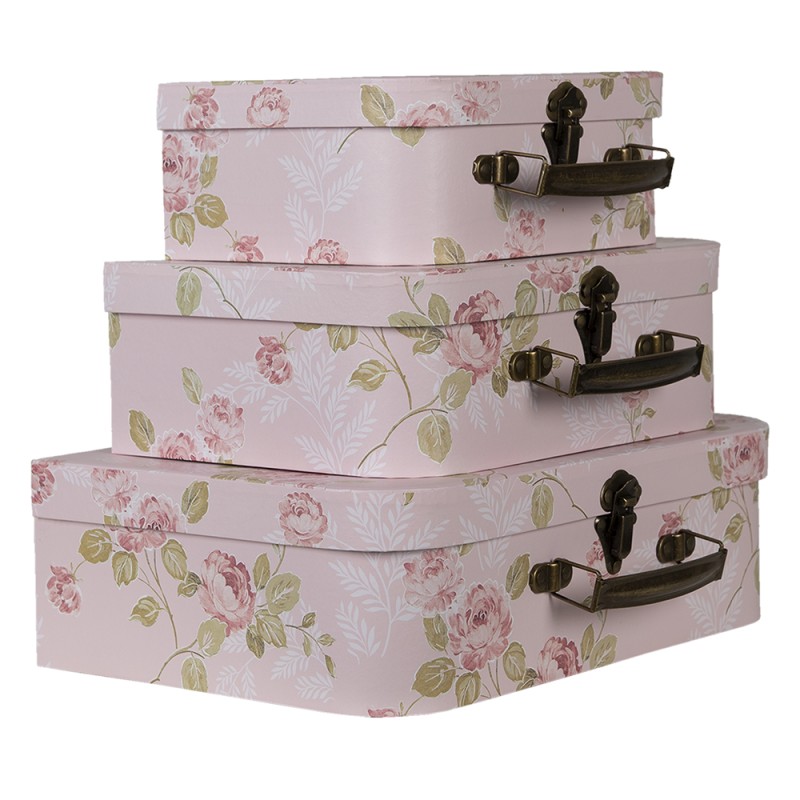 Clayre & Eef Dekoration Koffer 3er Set 30x21x9/25x18x9/20x16x8 cm Rosa Karton Blumen