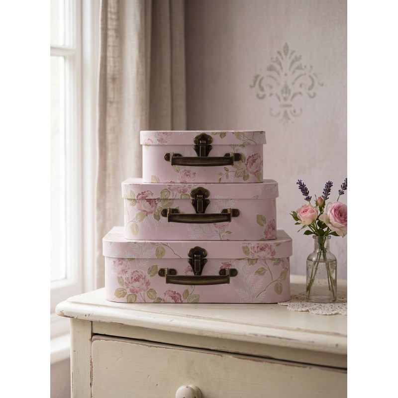 Clayre & Eef Dekoration Koffer 3er Set 30x21x9/25x18x9/20x16x8 cm Rosa Karton Blumen