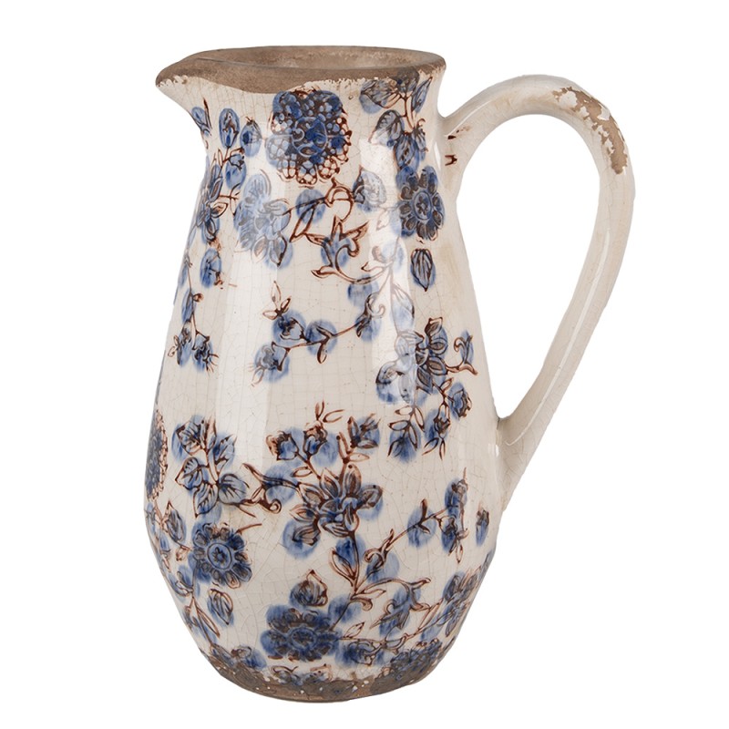 Clayre & Eef Pichet de décoration 17x13x22 cm Beige Bleu Céramique Fleurs