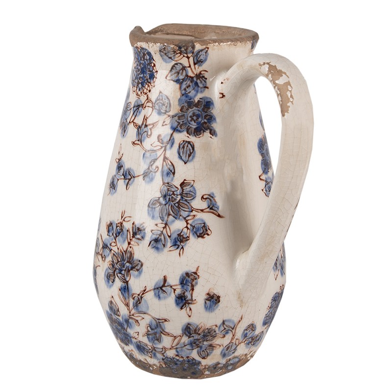 Clayre & Eef Pichet de décoration 17x13x22 cm Beige Bleu Céramique Fleurs