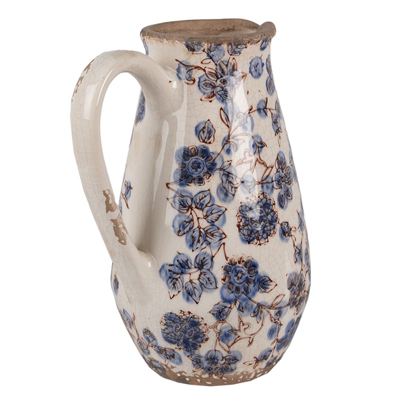 Clayre & Eef Pichet de décoration 17x13x22 cm Beige Bleu Céramique Fleurs
