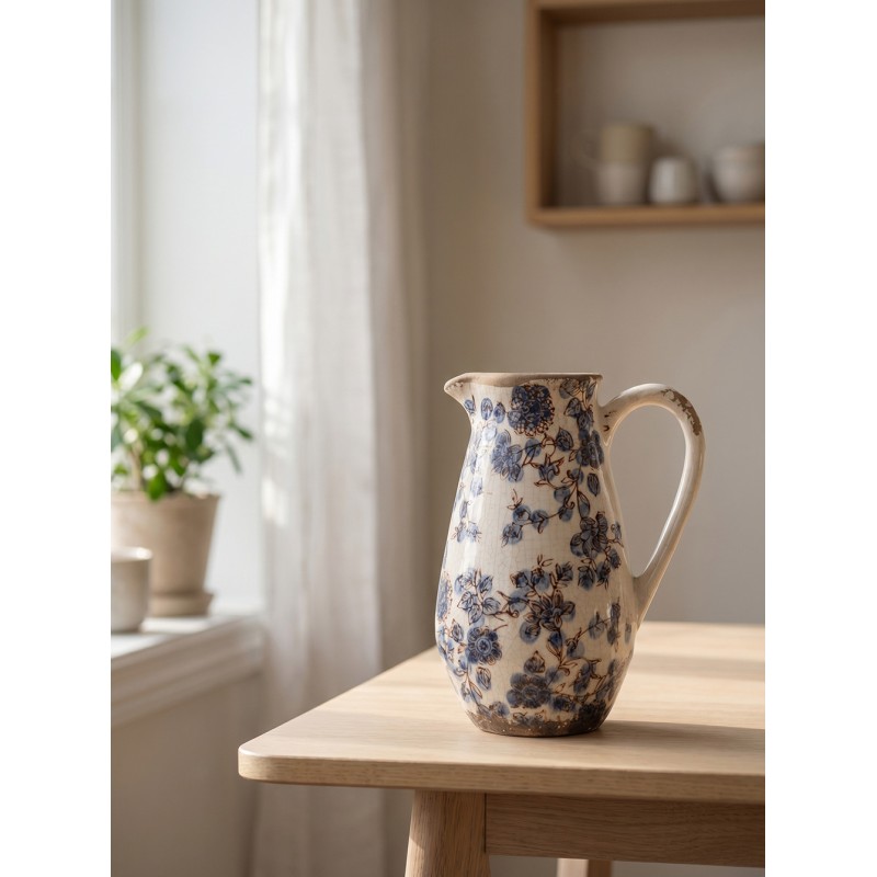 Clayre & Eef Pichet de décoration 17x13x22 cm Beige Bleu Céramique Fleurs