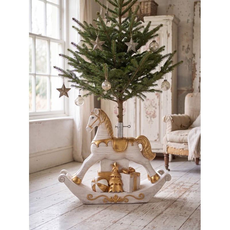 Clayre & Eef Supporto per albero di Natale Cavallo a dondolo 73x21x61 cm Bianco Materiale ceramico