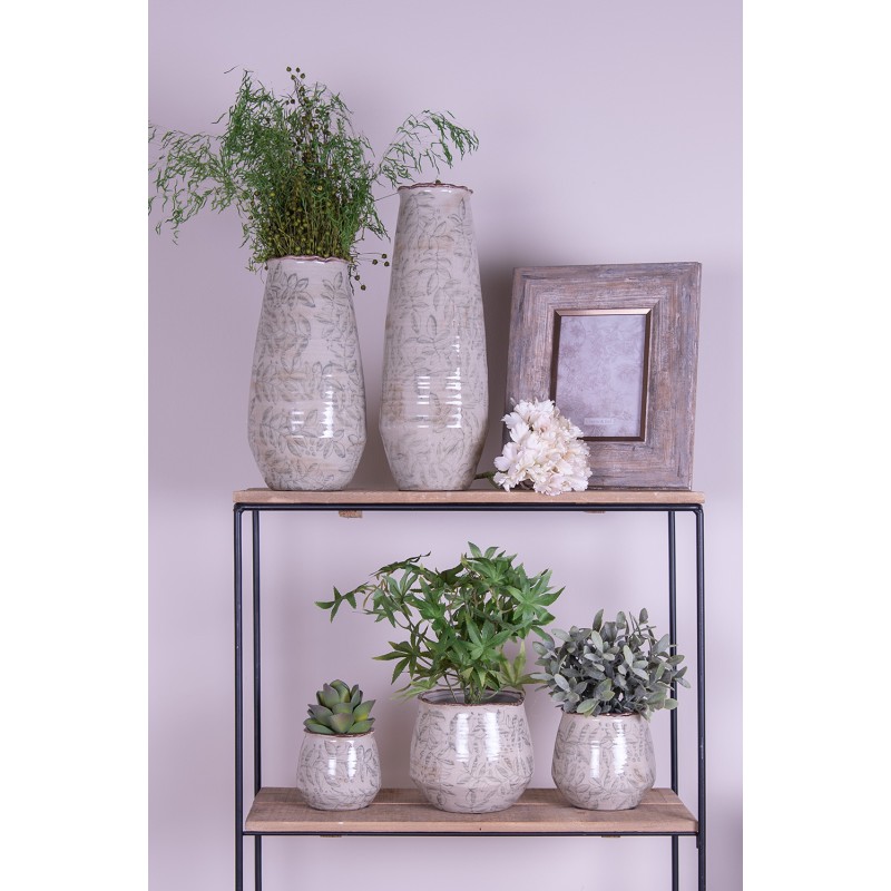 Clayre & Eef Pot de fleurs Ø 14x13 cm Vert Beige Céramique Feuilles