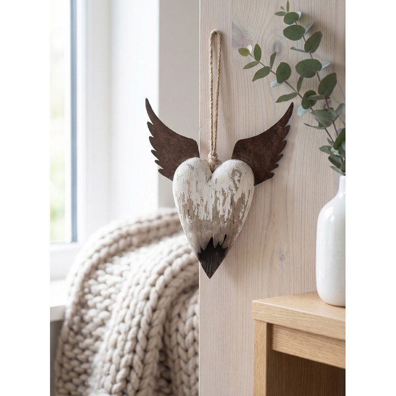Clayre & Eef Decoratie Hanger Hart 18x3x22 cm Wit Bruin Hout