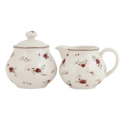 Clayre & Eef Melk en Suiker Set 12x9x8 / Ø 9x10 cm Beige Keramiek Bloemen