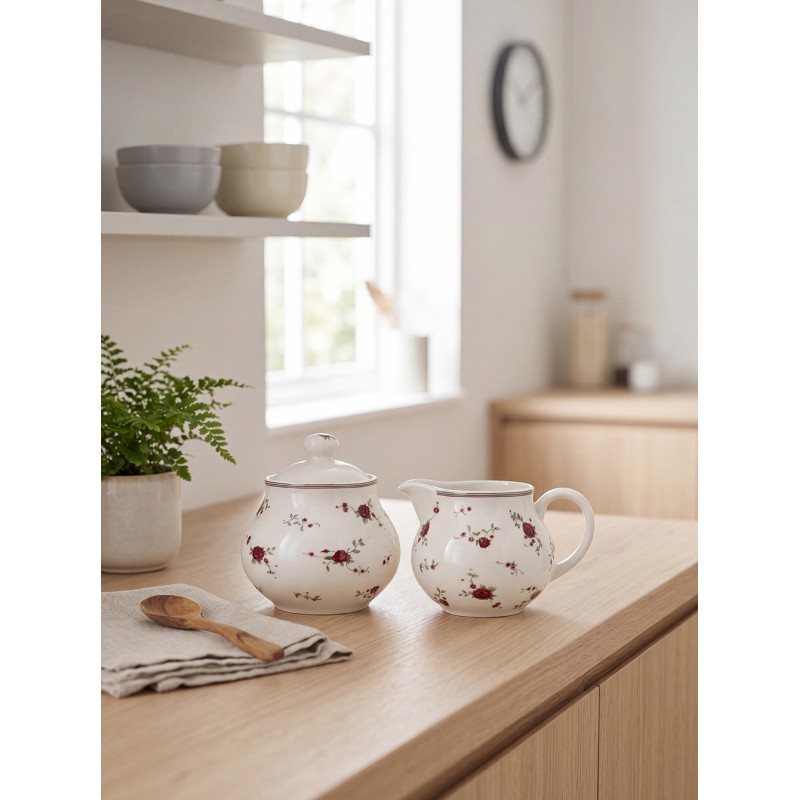 Clayre & Eef Melk en Suiker Set 12x9x8 / Ø 9x10 cm Beige Keramiek Bloemen