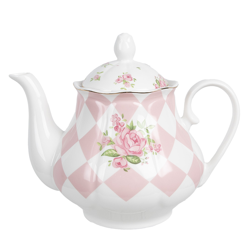 Clayre & Eef Theepot 1000 ml Roze Wit Porselein Rozen afbeelding
