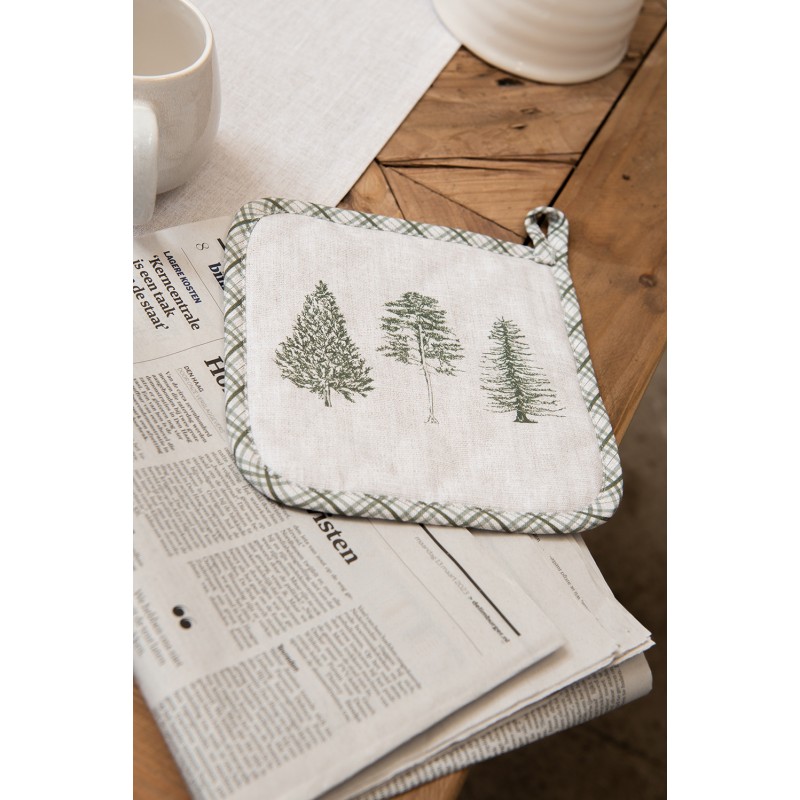 Clayre & Eef Pot Holder 20x20 cm Beige Green Cotton Pine Trees