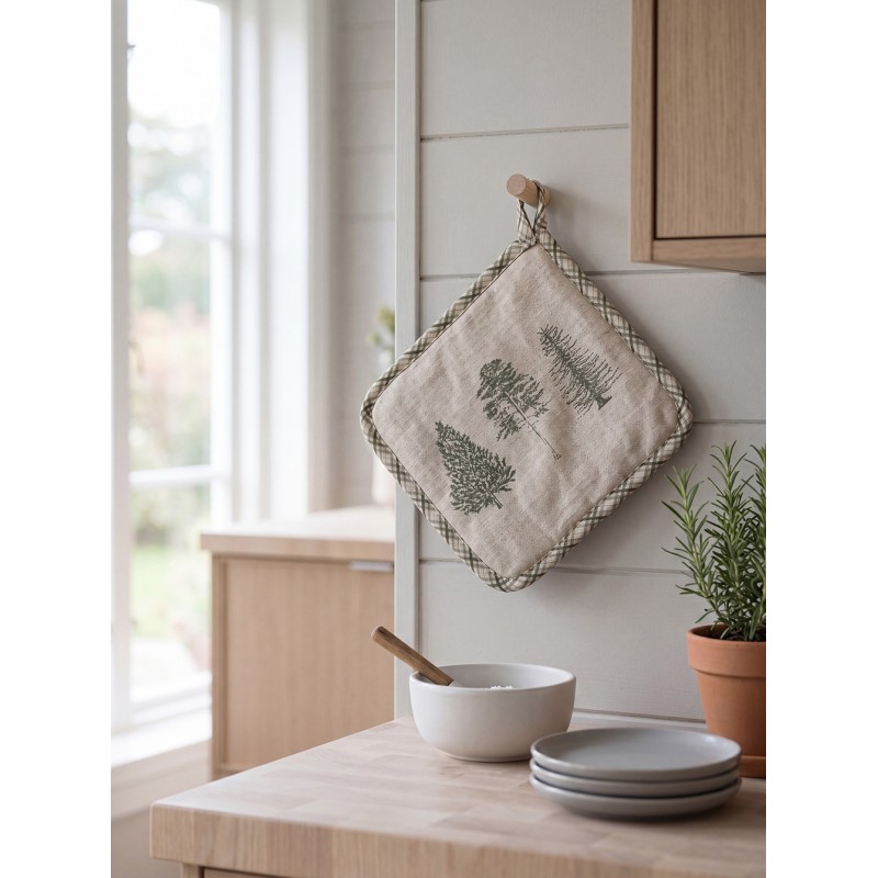 Clayre & Eef Pot Holder 20x20 cm Beige Green Cotton Pine Trees