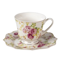 Clayre & Eef Tasse mit Untertasse 200 ml Weiß Porzellan Blumen