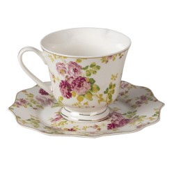 Clayre & Eef Tasse mit Untertasse 200 ml Weiß Porzellan Blumen