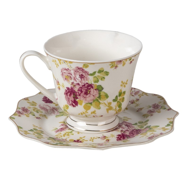 Clayre & Eef Tasse et soucoupe 200 ml Blanc Porcelaine Fleurs