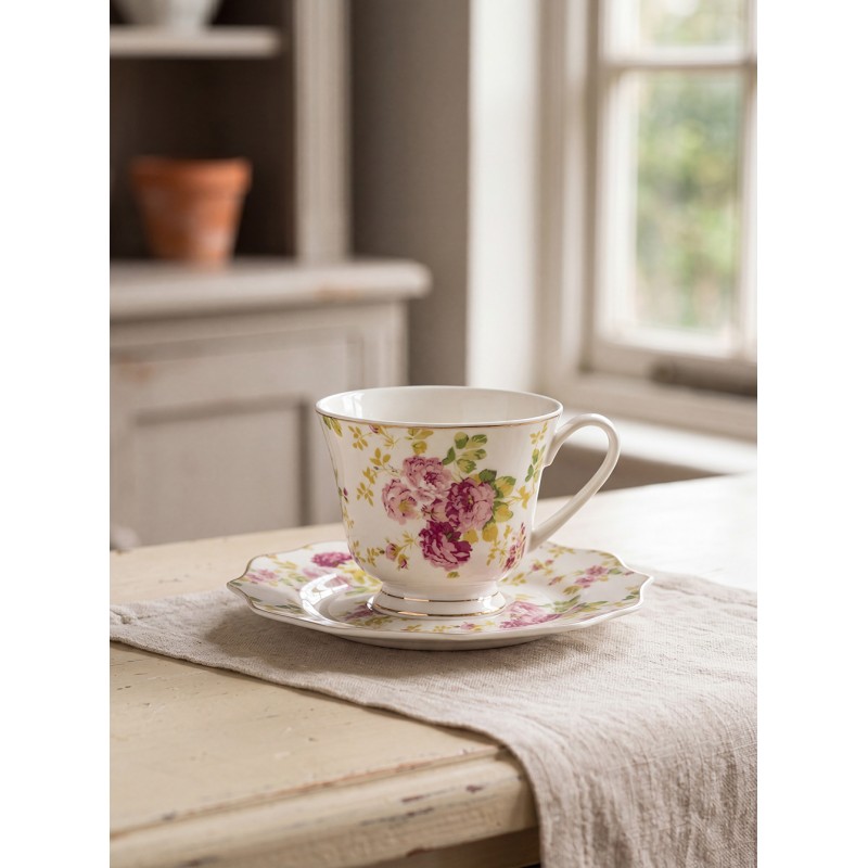 Clayre & Eef Tasse et soucoupe 200 ml Blanc Porcelaine Fleurs