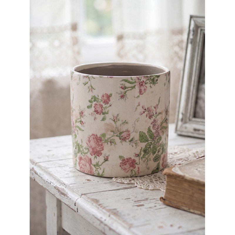 Clayre & Eef Pot de fleurs Ø 17x16 cm Beige Rose Céramique Fleurs