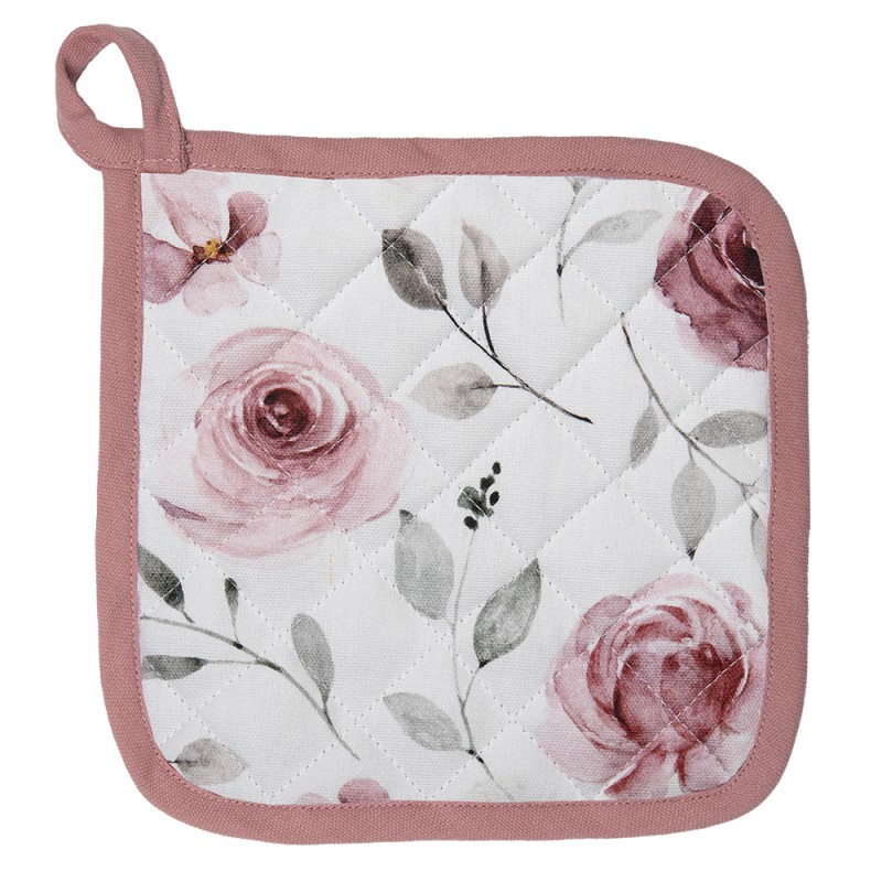 Clayre & Eef Pot Holder 20x20 cm White Pink Cotton Roses