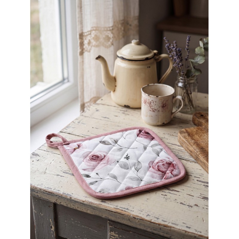 Clayre & Eef Pot Holder 20x20 cm White Pink Cotton Roses