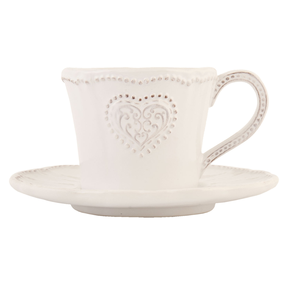Clayre & Eef Kop en Schotel 160 ml Beige Keramiek Hart afbeelding