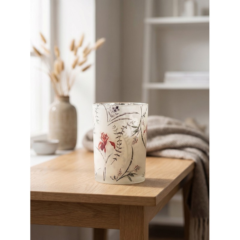 Clayre & Eef Tealight Holder Ø 12x18 cm Beige Glass Flowers