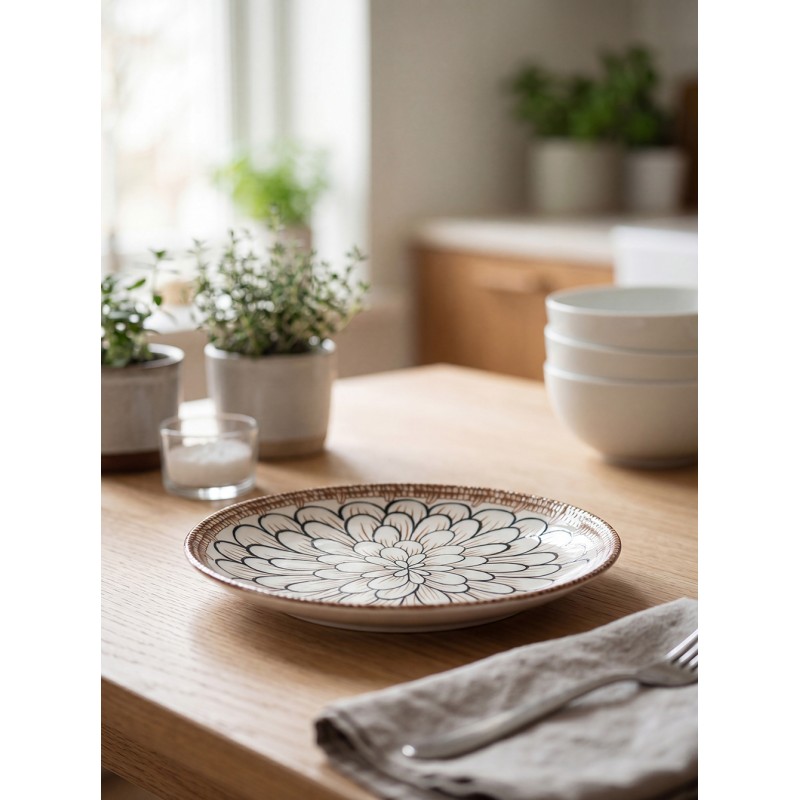 Clayre & Eef Breakfast Plate Ø 21x3 cm White Brown Ceramic