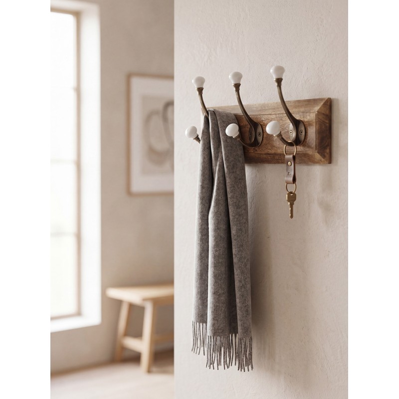 Clayre & Eef Portemanteau mural 3 crochets 30x8x10 cm Marron Blanc Bois