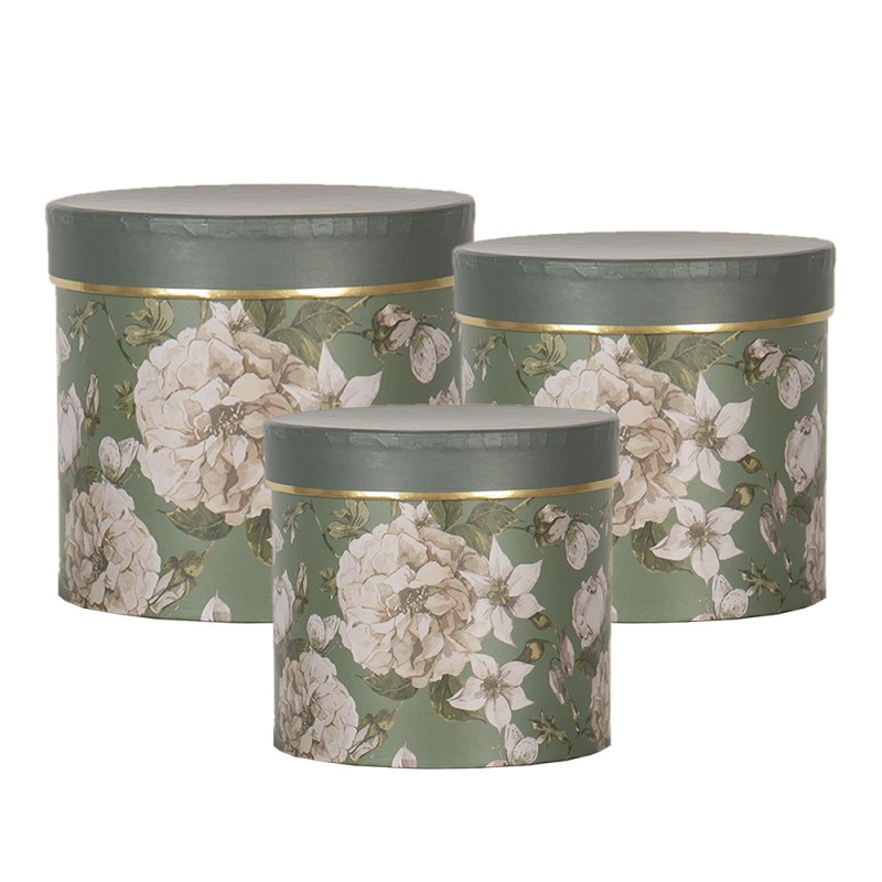 Clayre & Eef Hat Box Set of 3 Ø 20x17 / Ø 17x15 / Ø 14x13 cm Green Cardboard Flowers