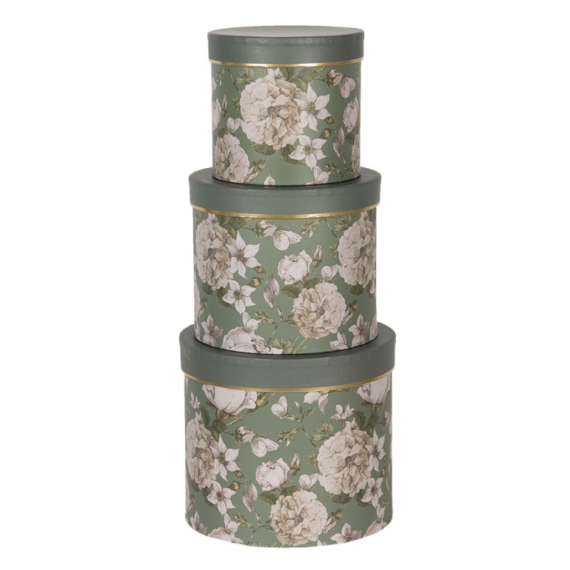 Clayre & Eef Hoedendoos Set van 3 Ø 20x17 / Ø 17x15 / Ø 14x13 cm Groen Karton Bloemen