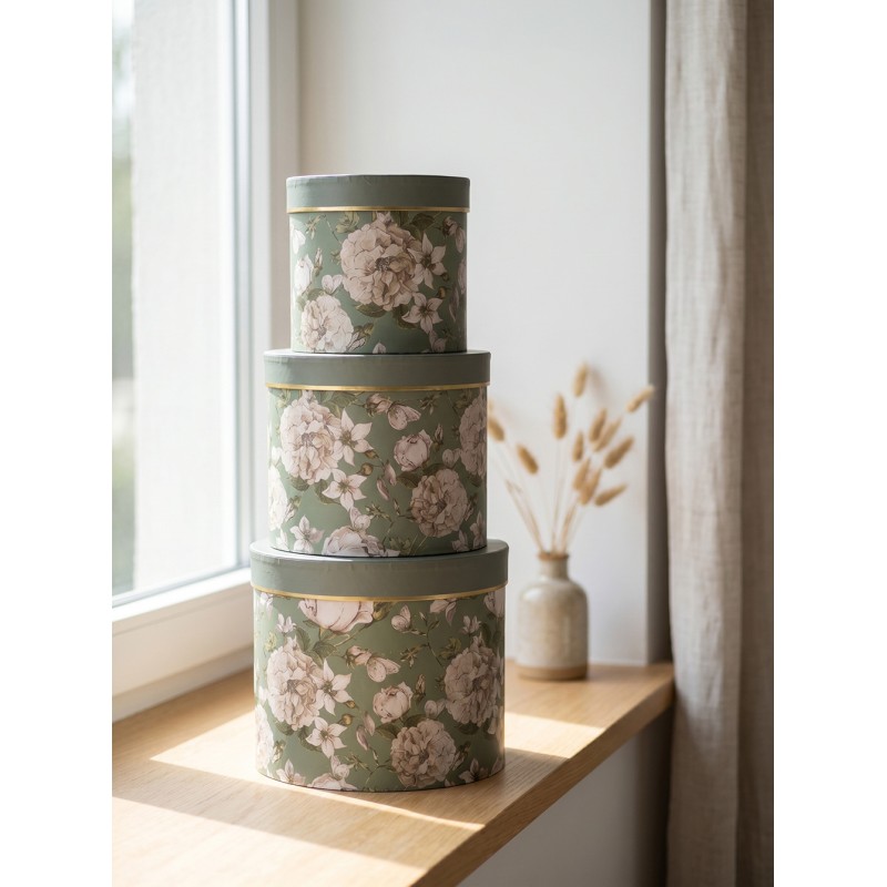Clayre & Eef Hat Box Set of 3 Ø 20x17 / Ø 17x15 / Ø 14x13 cm Green Cardboard Flowers