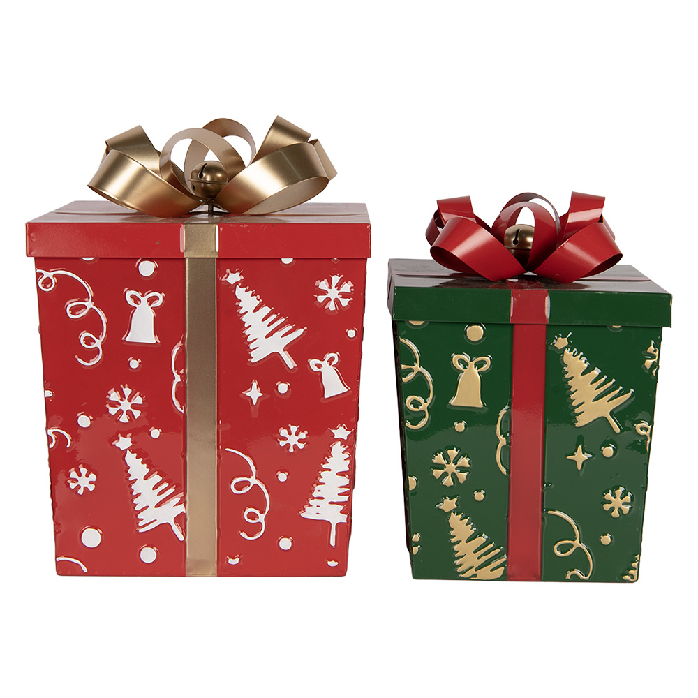 Clayre & Eef Kerstdecoratie Beeld Cadeau 26x26x33 / 21x21x27 cm Rood Metaal