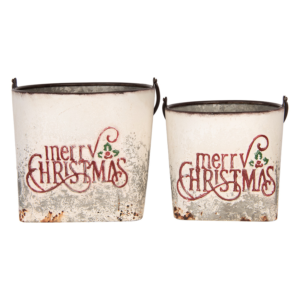 Clayre & Eef Decoratie Emmer Set van 2 27x25x23/40 / 31x30x27/47 cm Wit Metaal