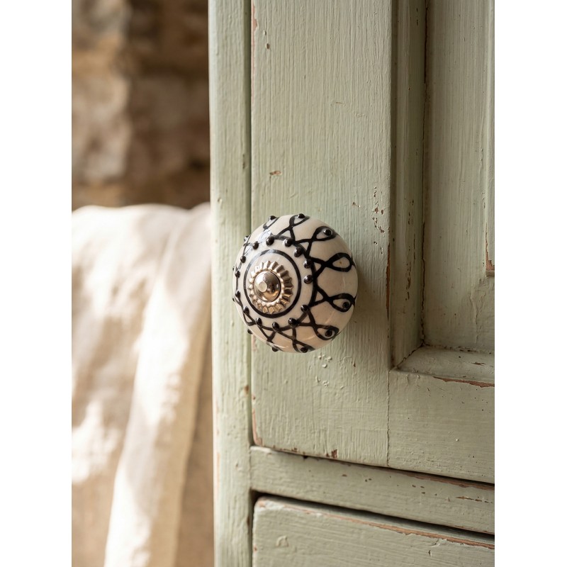Clayre & Eef Deurknop 4x6 cm Wit Zwart Keramiek
