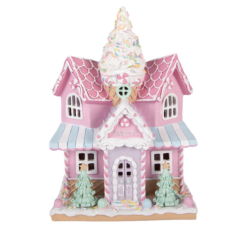 Clayre & Eef Lebkuchenhaus mit LED 21x14x28 cm Rosa Kunststoff