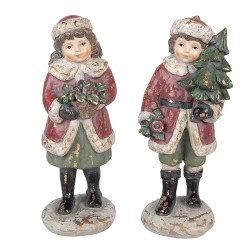 Clayre & Eef Kerstdecoratie Beeld Kinderen 9x7x22 / 8x8x22 cm Rood Kunststof