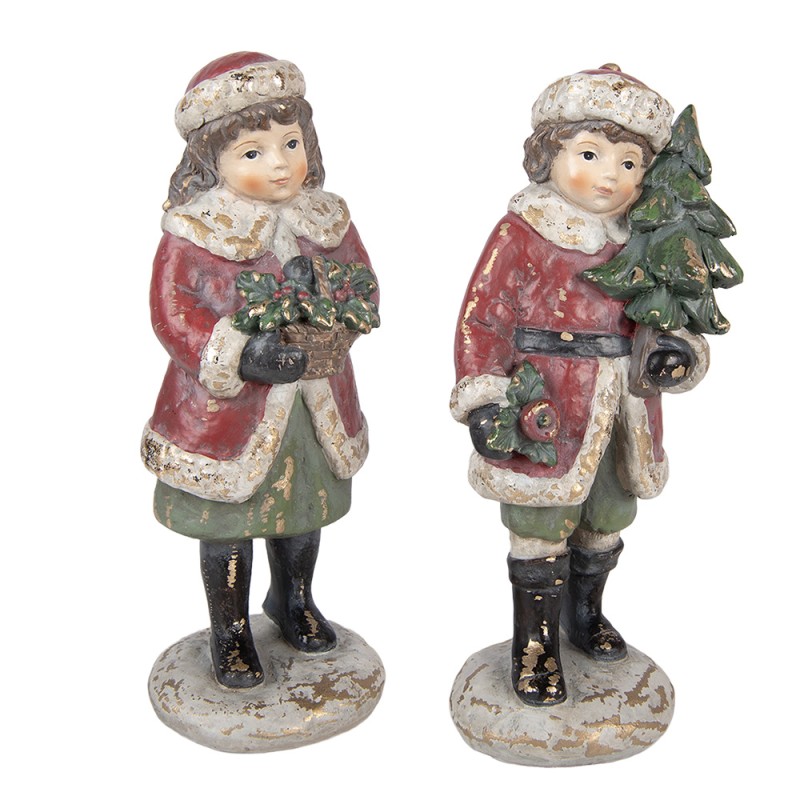 Clayre & Eef Kerstdecoratie Beeld Kinderen 9x7x22 / 8x8x22 cm Rood Kunststof
