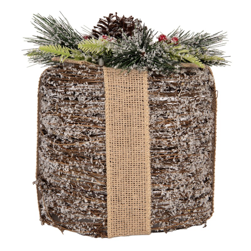 Clayre & Eef Décoration de Noël avec lumières LED Cadeau Ø 25x30 cm / 3xAA Marron Rotin