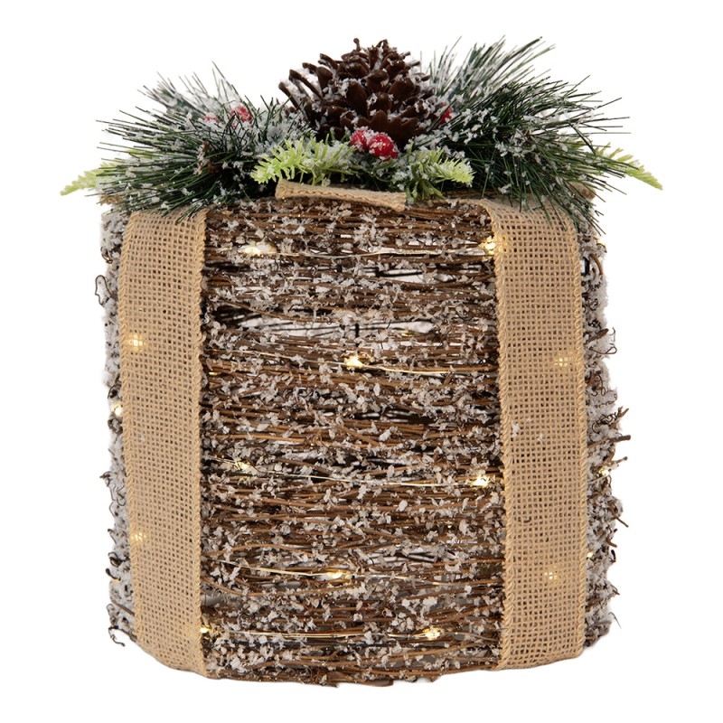 Clayre & Eef Décoration de Noël avec lumières LED Cadeau Ø 25x30 cm / 3xAA Marron Rotin