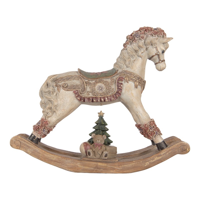 Clayre & Eef Statuetta decorativa di Natale Cavallo a dondolo 55x14x46 cm Beige Plastica