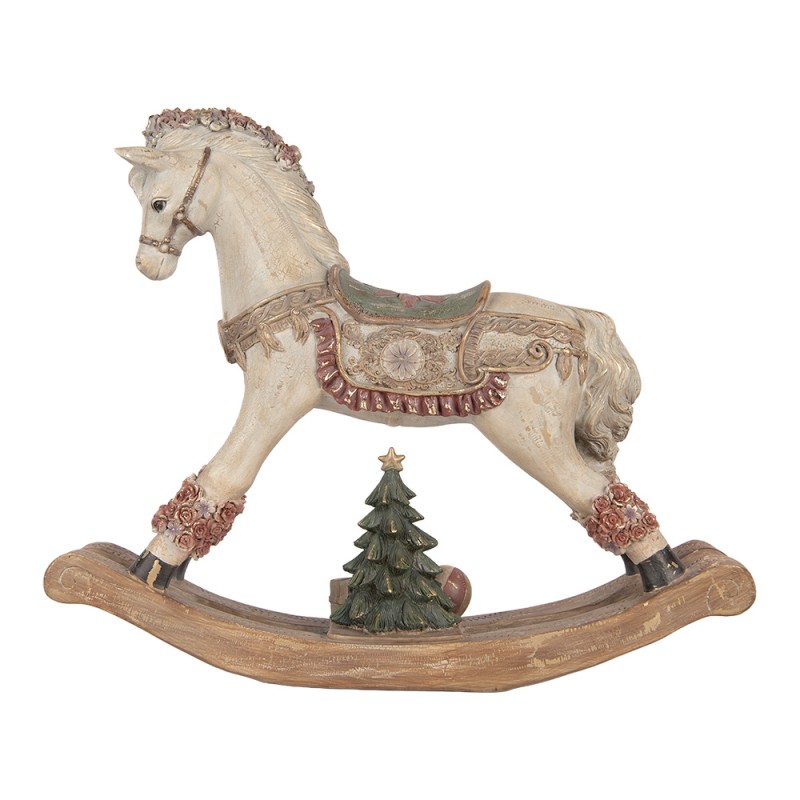 Clayre & Eef Statuetta decorativa di Natale Cavallo a dondolo 55x14x46 cm Beige Plastica
