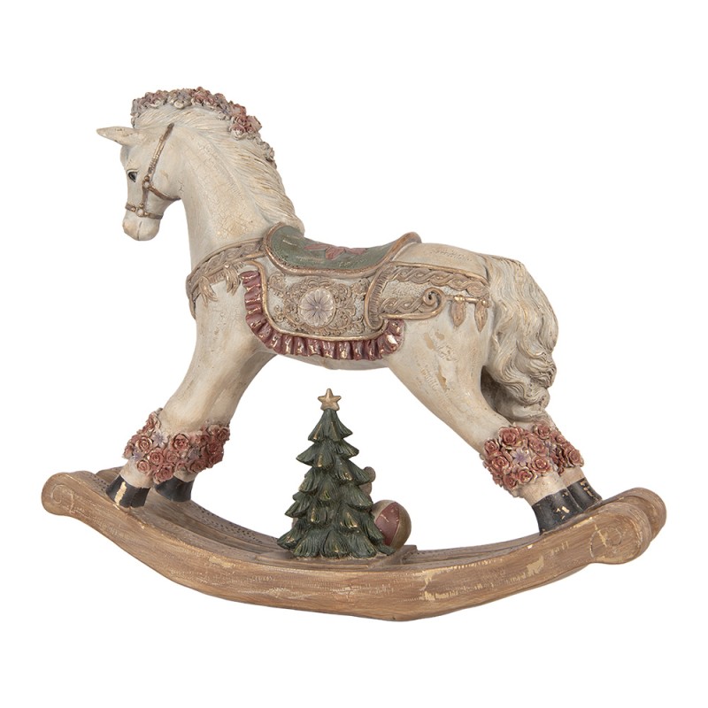 Clayre & Eef Statuetta decorativa di Natale Cavallo a dondolo 55x14x46 cm Beige Plastica