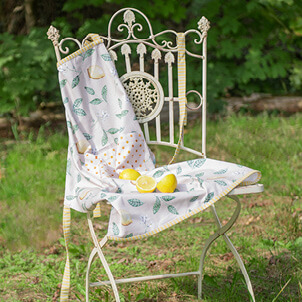 Una sedia da giardino con grembiule da cucina e alcune limette.