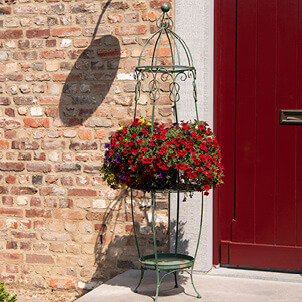 Een planten houder met rode bloemen voor een rode deur