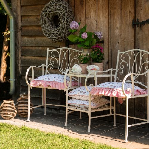 Bistro set bench with butterfly cushions