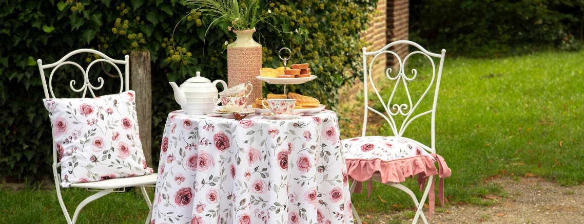 Bistro set with floral tablecloth